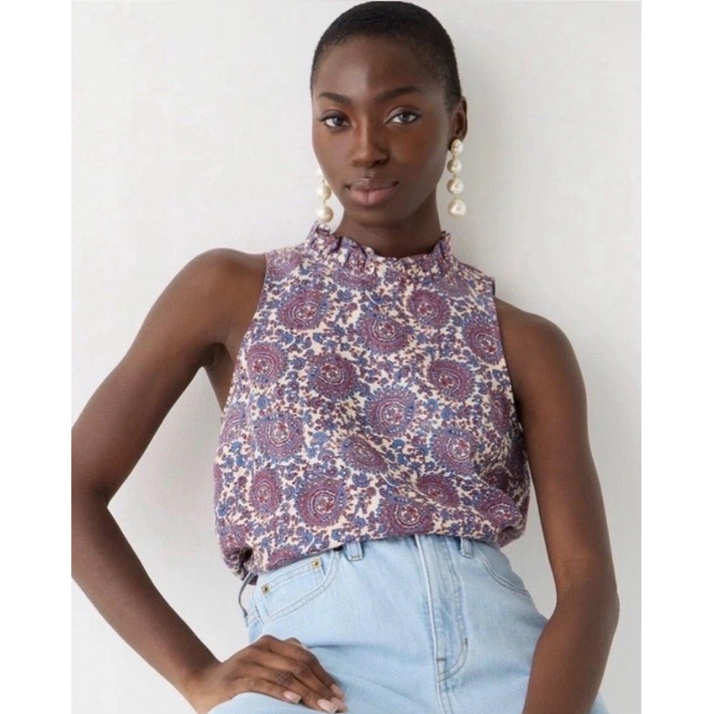 J. Crew 100% Linen Fleur Top XXL Paisley Ruffle Mock Neck Sleeveless Blue Blouse